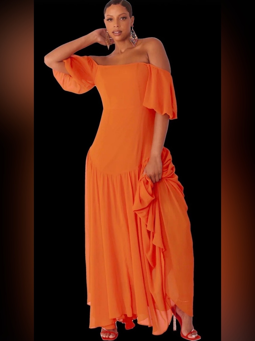 Off-Shoulder soft Red Maxi Dress with Flutter Sleeves